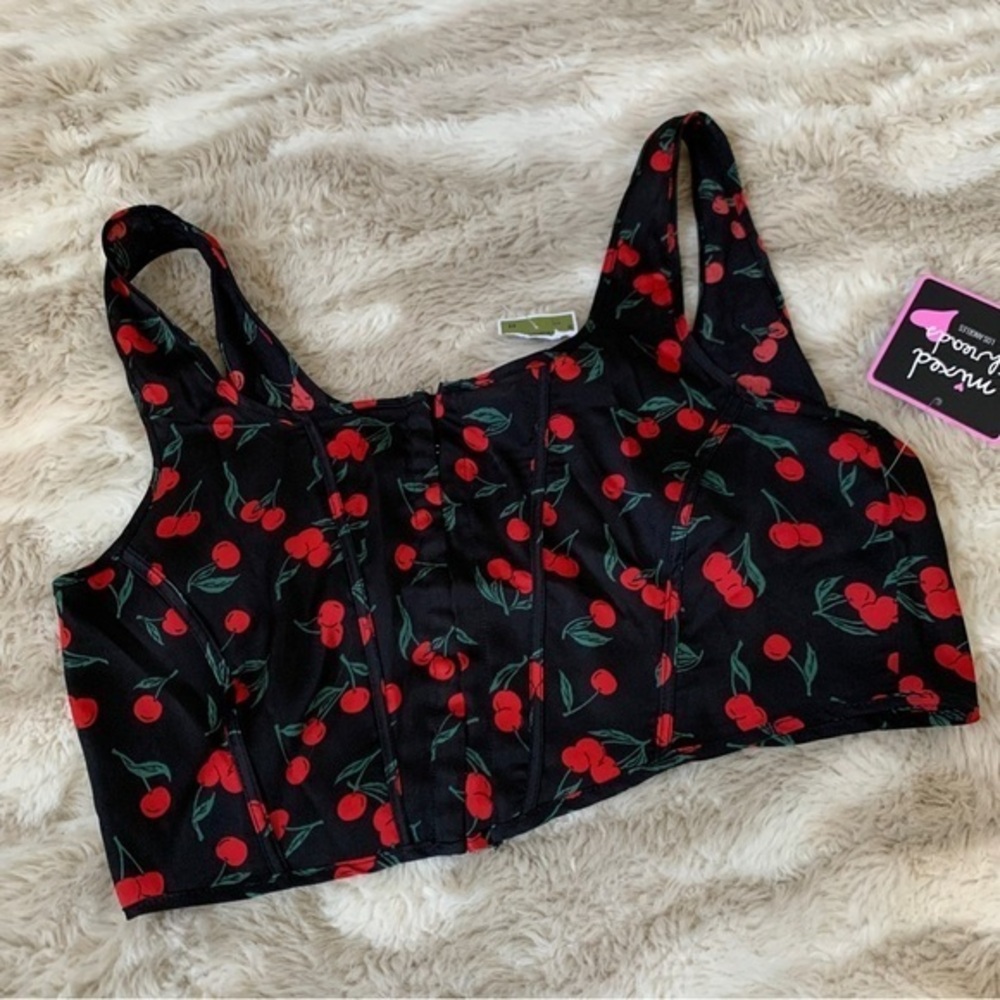 NWT Red cherry print crop top bra black print Y2K rockabilly sexy retro pinup
